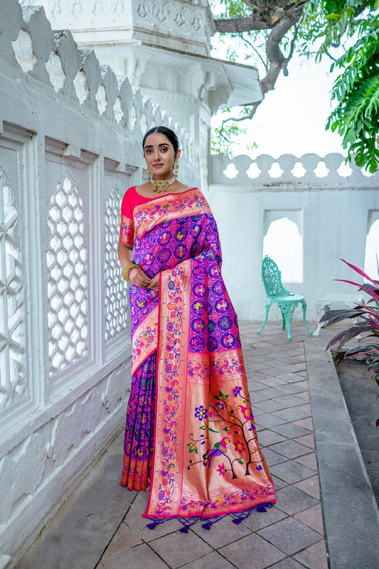 Vsaree Wine Soft Paithani Silk Saree with Rich Pallu Contras Border And Blouse Piece For Women