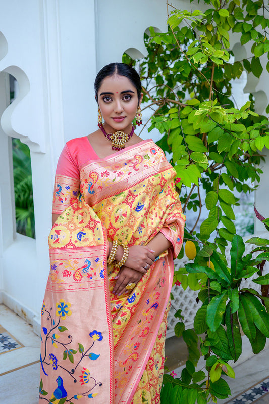 Vsaree Yellow Soft Paithani Silk Saree with Rich Pallu Contras Border And Blouse Piece For Women