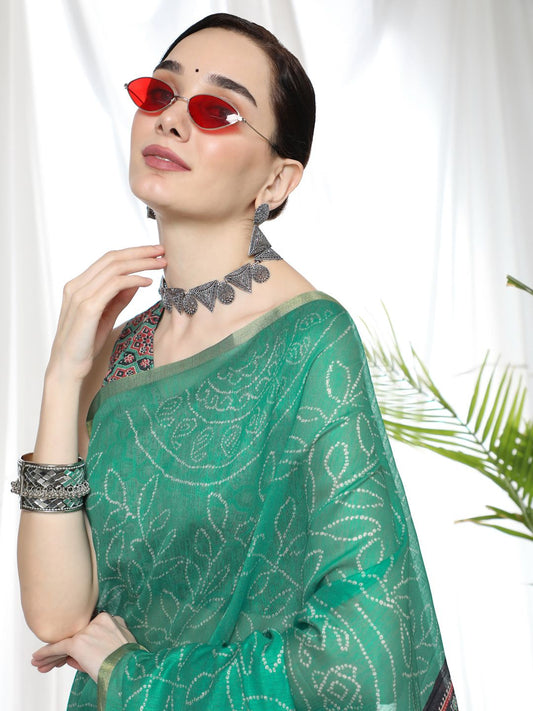 Vsaree Sea Green Linen Cotton Saree And Bandhani Prints And Woven Border And Fancy Pallu With Blouse For Women