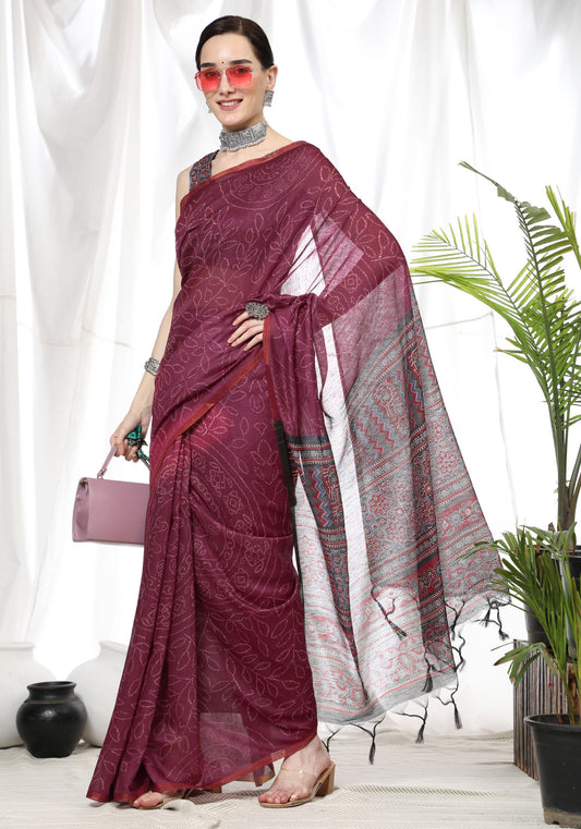 Vsaree Wine Linen Cotton Saree And Bandhani Prints And Woven Border And Fancy Pallu With Blouse For Women