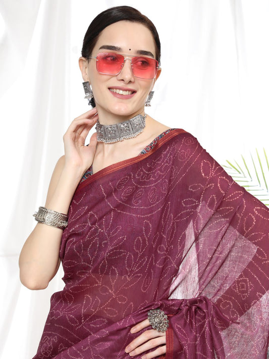 Vsaree Wine Linen Cotton Saree And Bandhani Prints And Woven Border And Fancy Pallu With Blouse For Women