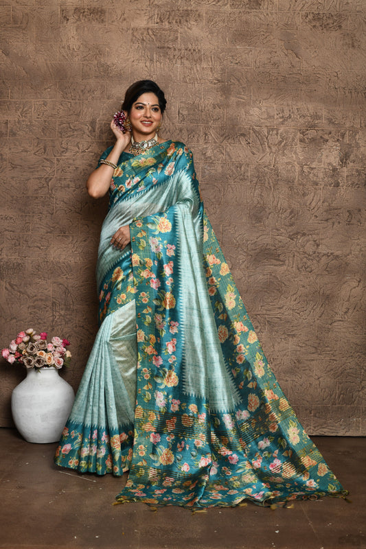 Vsaree Dark Teal Tussar Silk Saree Beautiful Print And Contrat Pallu And Border With Contrast Blouse