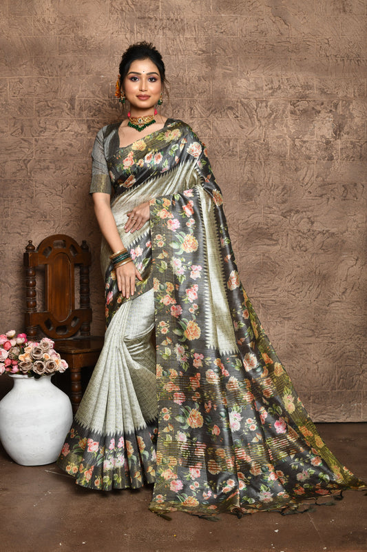Vsaree Grey Tussar Silk Saree Beautiful Print And Contrat Pallu And Border With Contrast Blouse