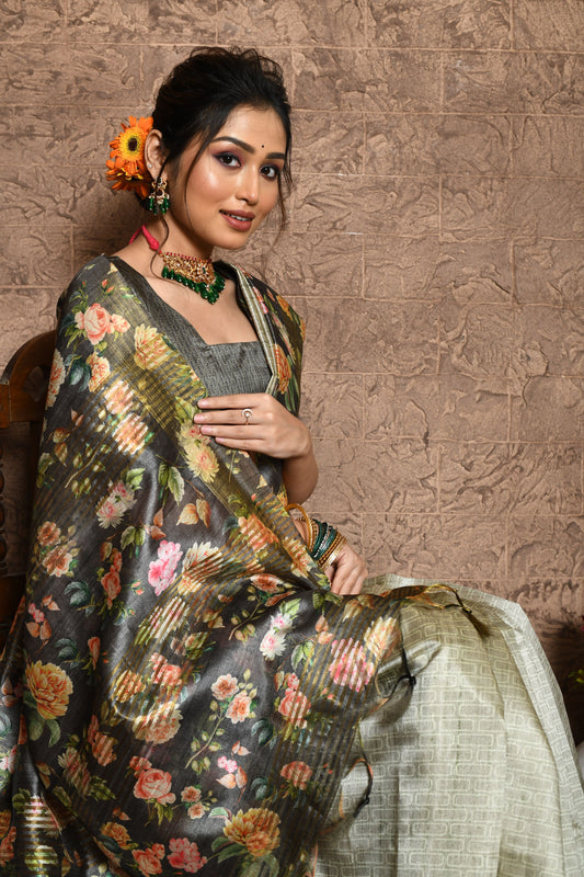 Vsaree Grey Tussar Silk Saree Beautiful Print And Contrat Pallu And Border With Contrast Blouse