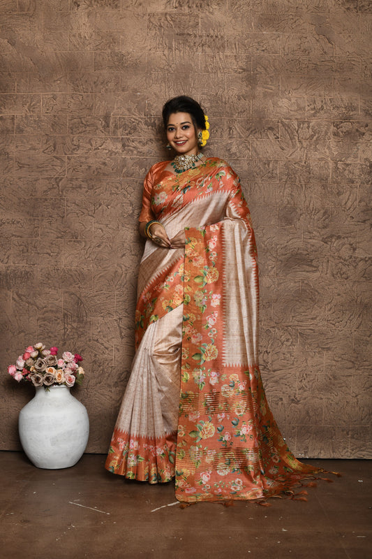 Vsaree Peach Tussar Silk Saree Beautiful Print And Contrat Pallu And Border With Contrast Blouse