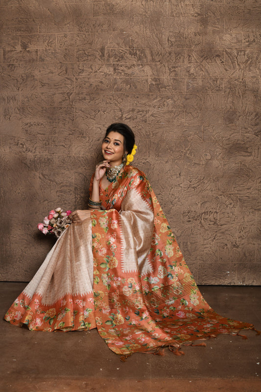 Vsaree Peach Tussar Silk Saree Beautiful Print And Contrat Pallu And Border With Contrast Blouse