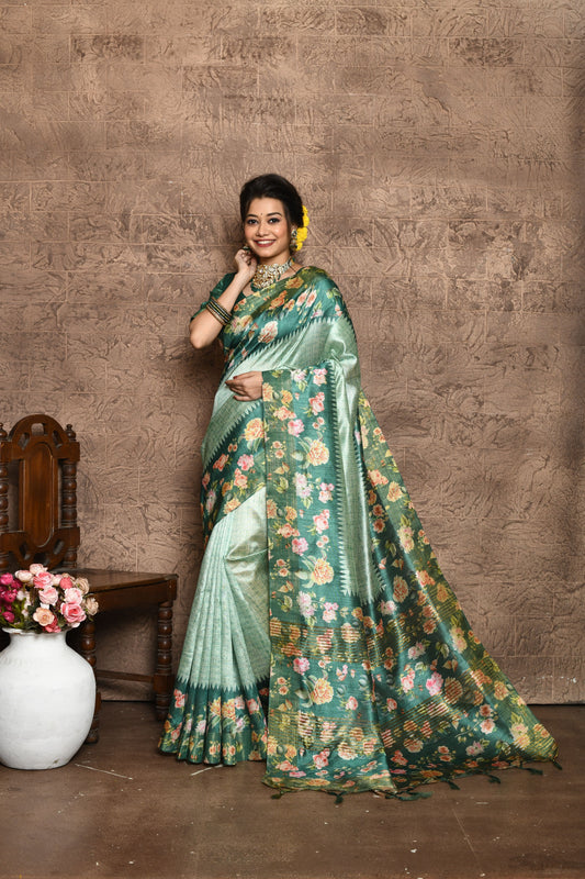 Vsaree Teal Tussar Silk Saree Beautiful Print And Contrat Pallu And Border With Contrast Blouse