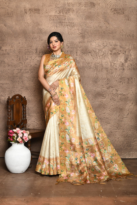 Vsaree Yellow Tussar Silk Saree Beautiful Print And Contrat Pallu And Border With Contrast Blouse