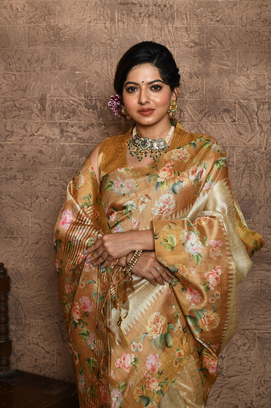 Vsaree Yellow Tussar Silk Saree Beautiful Print And Contrat Pallu And Border With Contrast Blouse