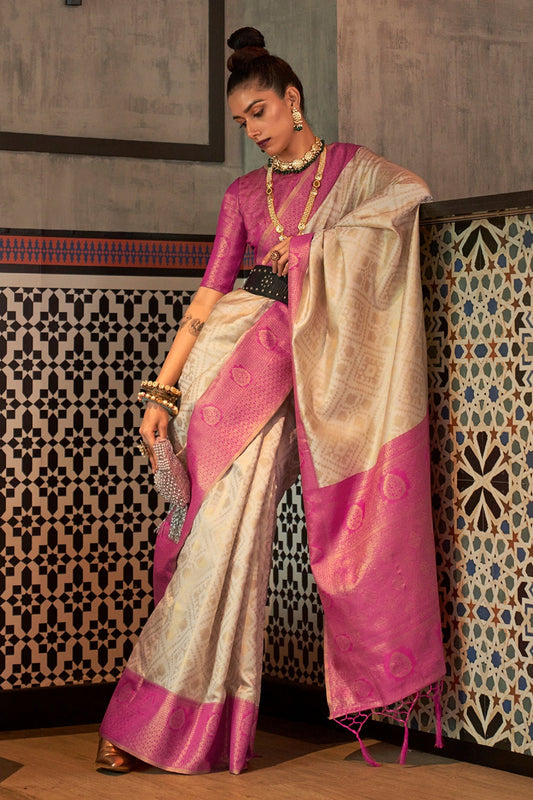 Vsaree Women's Designer Party Wear Golden Zari Weaving Checks Design Cream And Pink Kaiza Silk Saree With Matching Blouse And Rich Pallu Saree