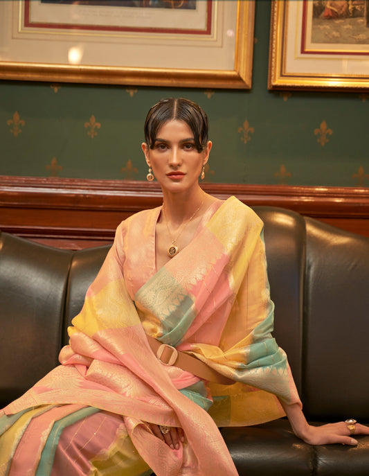 ملابس حفلات منسوجة على شكل زاري ذهبي تقليدي ساري حرير الأورجانزا متعدد الألوان مع بلوزة بتصميم منسوج من Pallu وZari