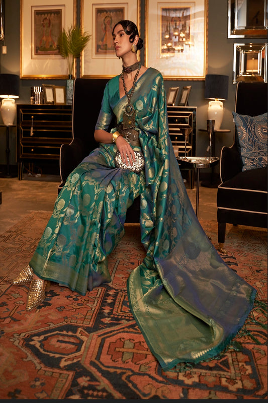 Vsaree Women's Designer Party Wear Golden Zari Weaving Floral Design Kairos Silk Green Saree With Matching Blouse And Rich Pallu Saree