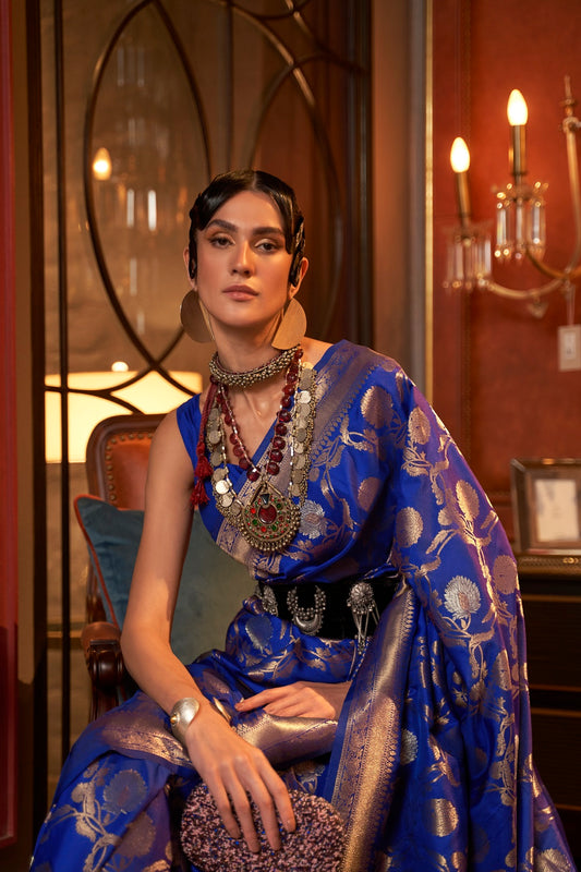 Vsaree Women's Designer Party Wear Golden Zari Weaving Floral Design Kairos Silk Blue Saree With Matching Blouse And Rich Pallu Saree