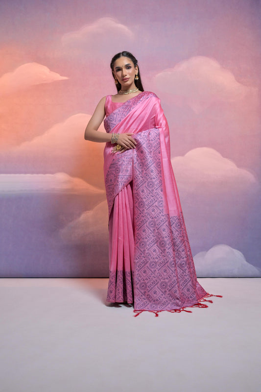 Vsaree Baby Pink Soft Raw Silk Saree With Antique Design with Contrast Woven Pallu And Contrast Blouse