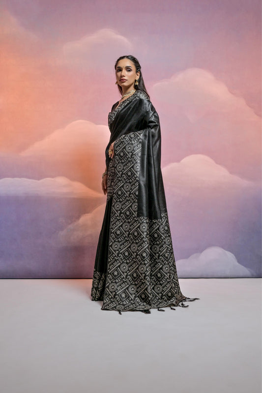 Vsaree Black Soft Raw Silk Saree With Antique Design with Contrast Woven Pallu And Contrast Blouse