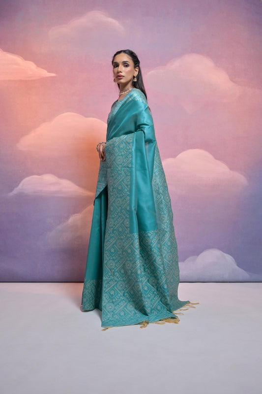 Vsaree Firozi Soft Raw Silk Saree With Antique Design with Contrast Woven Pallu And Contrast Blouse