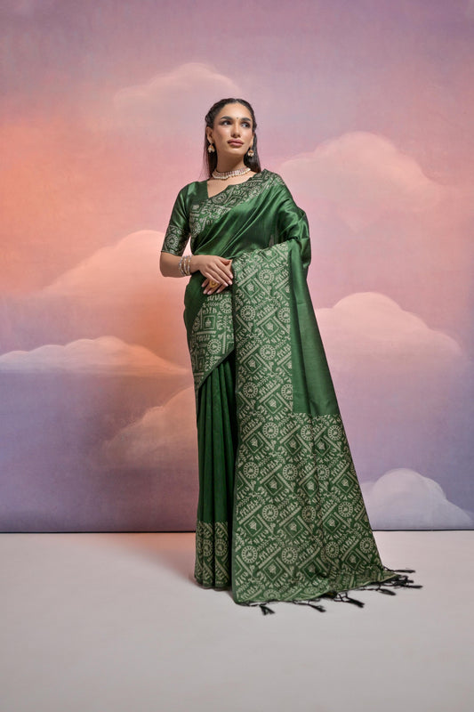 Vsaree Green Soft Raw Silk Saree With Antique Design with Contrast Woven Pallu And Contrast Blouse