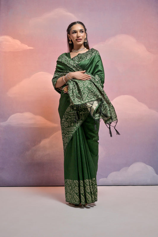 Vsaree Green Soft Raw Silk Saree With Antique Design with Contrast Woven Pallu And Contrast Blouse