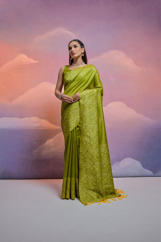 Vsaree Mahendi Soft Raw Silk Saree With Antique Design with Contrast Woven Pallu And Contrast Blouse