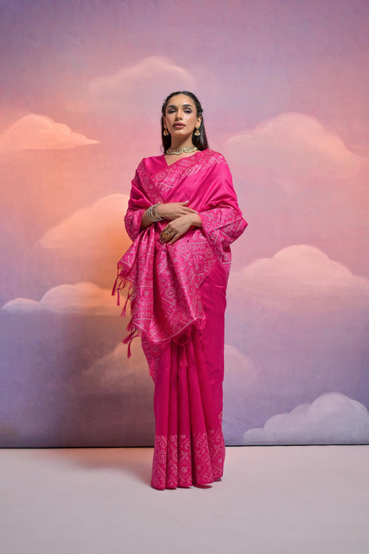 Vsaree Rani Pink Soft Raw Silk Saree With Antique Design with Contrast Woven Pallu And Contrast Blouse
