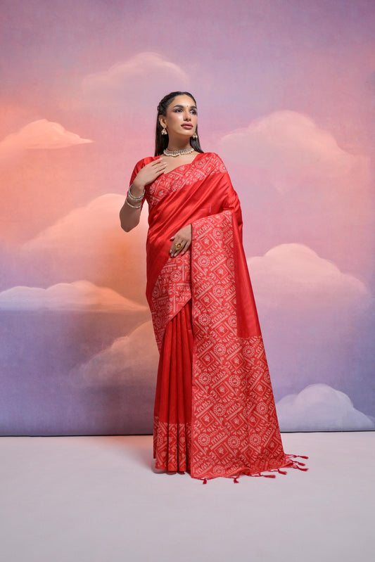 Vsaree Red Soft Raw Silk Saree With Antique Design with Contrast Woven Pallu And Contrast Blouse
