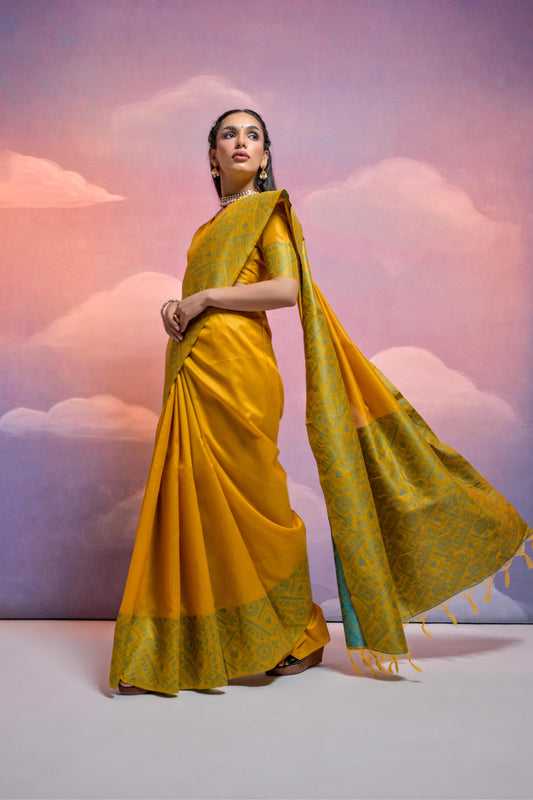 Vsaree Yellow Soft Raw Silk Saree With Antique Design with Contrast Woven Pallu And Contrast Blouse