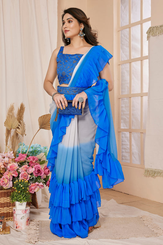 Vsaree Blue Georgette Pre-Stitched Saree And Havy Rich Pallu With Blouse piece