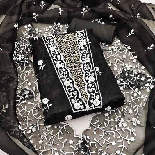 Black Organza Dress Function And Wedding Wear Emboidery Semi Stitched Matrials For Women
