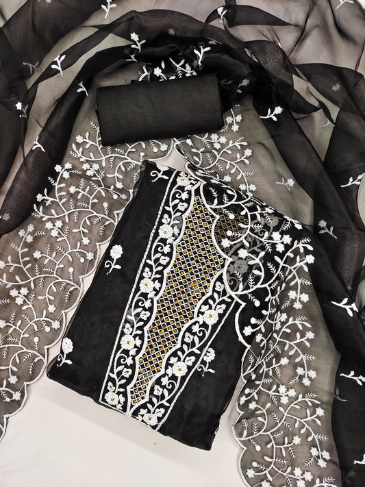 Black Organza Dress Function And Wedding Wear Emboidery Semi Stitched Matrials For Women