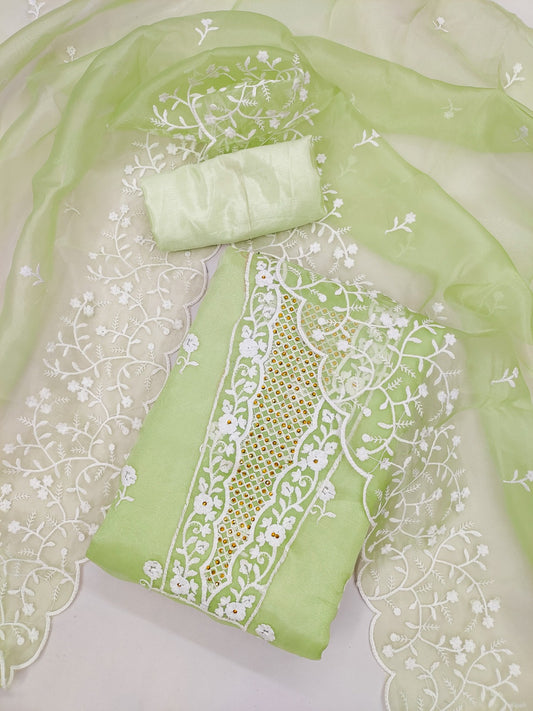 Green Organza Dress Function And Wedding Wear Emboidery Semi Stitched Matrials For Women