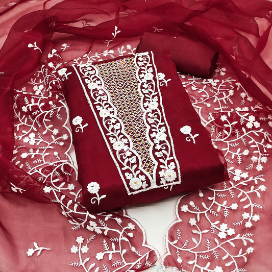 Red Organza Dress Function And Wedding Wear Emboidery Semi Stitched Matrials For Women