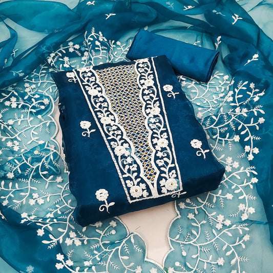 Teal Organza Dress Function And Wedding Wear Emboidery Semi Stitched Matrials For Women