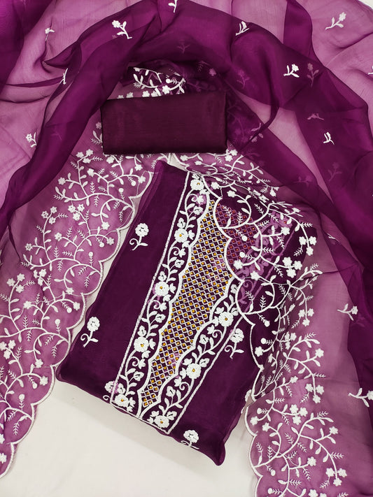 Wine Organza Dress Function And Wedding Wear Emboidery Semi Stitched Matrials For Women