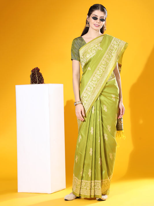 Vsaree Mahendi Soft Raw Silk saree With Antique Design with Contrast Woven Pallu And Contrast Blouse