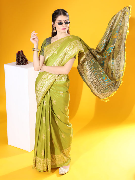 Vsaree Mahendi Soft Raw Silk saree With Antique Design with Contrast Woven Pallu And Contrast Blouse