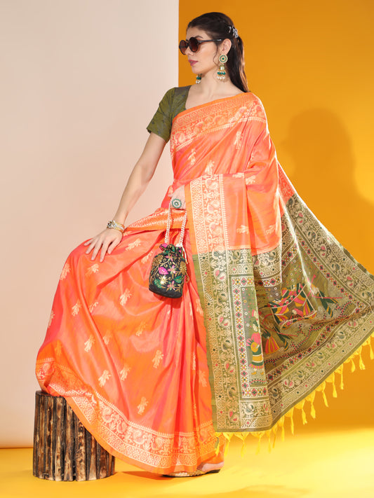 Vsaree Orange Soft Raw Silk Saree With Antique Design with Contrast Woven Pallu And Contrast Blouse