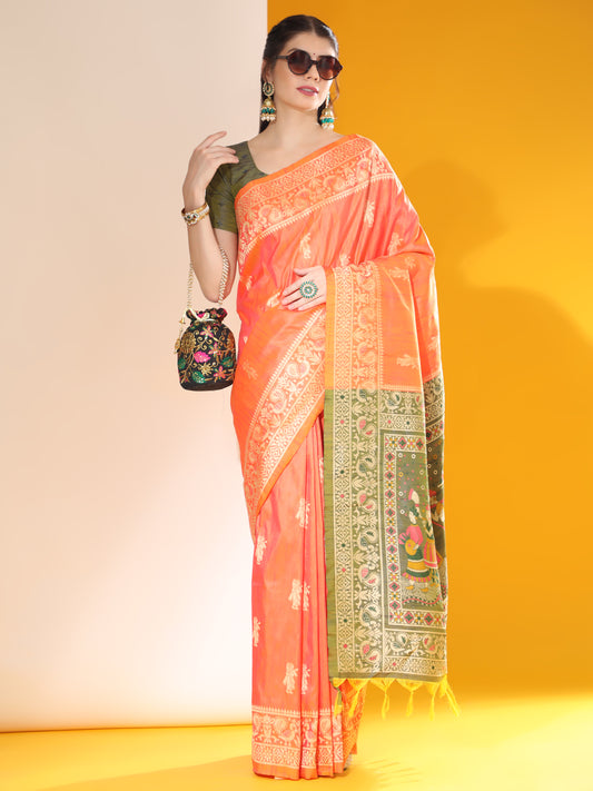 Vsaree Orange Soft Raw Silk Saree With Antique Design with Contrast Woven Pallu And Contrast Blouse