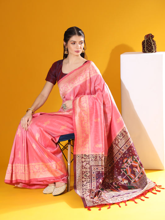 Vsaree Pink Soft Raw Silk Saree With Antique Design with Contrast Woven Pallu And Contrast Blouse
