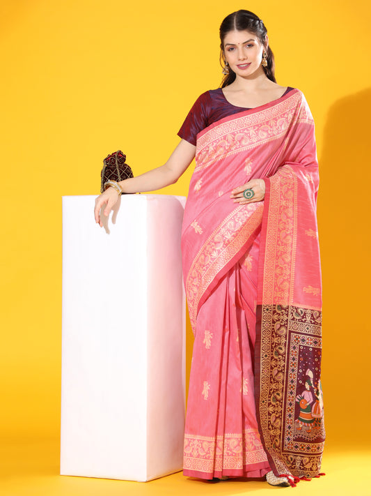 Vsaree Pink Soft Raw Silk Saree With Antique Design with Contrast Woven Pallu And Contrast Blouse