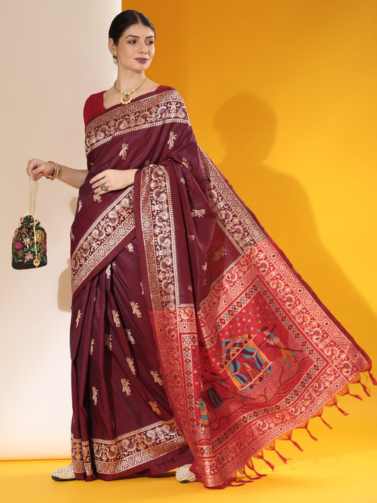 Vsaree Wine Soft Raw Silk Saree With Antique Design with Contrast Woven Pallu And Contrast Blouse