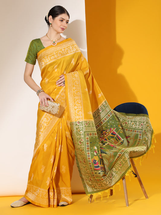 Vsaree Yellow Soft Raw Silk Saree With Antique Design with Contrast Woven Pallu And Contrast Blouse