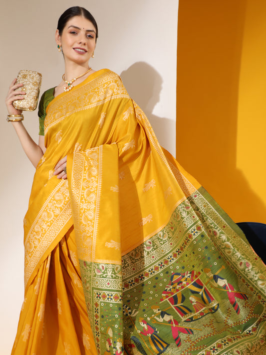 Vsaree Yellow Soft Raw Silk Saree With Antique Design with Contrast Woven Pallu And Contrast Blouse