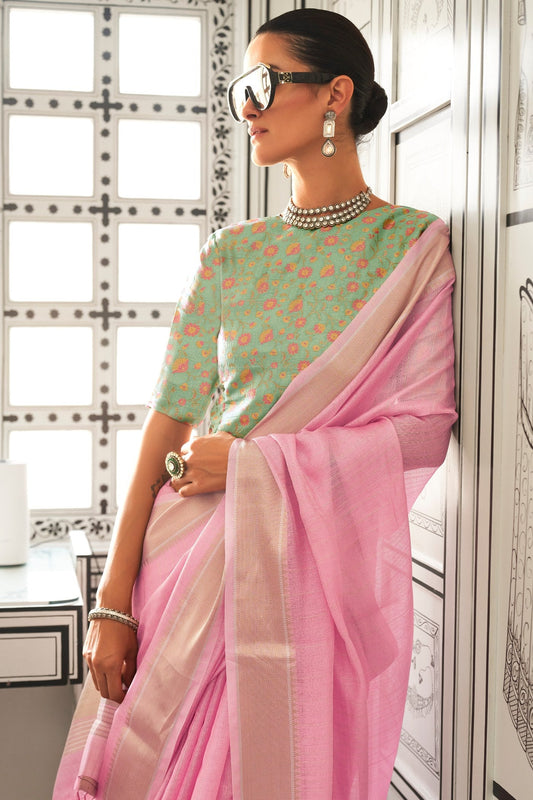 Vsaree Pink Chiffon Silk Saree And Zari Waving Border With Blouse For Women