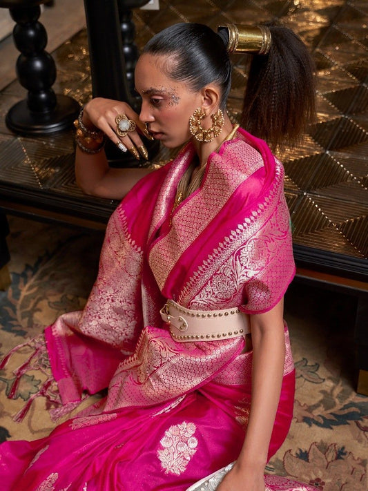Vsaree Pink Banarasi KhadiSilk Saree For Contrast Zari Weaving Borders And Blouse