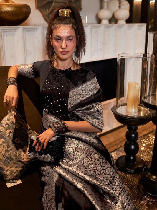 Vsaree Black Banarasi KhadiSilk Saree For Contrast Zari Weaving Borders And Blouse