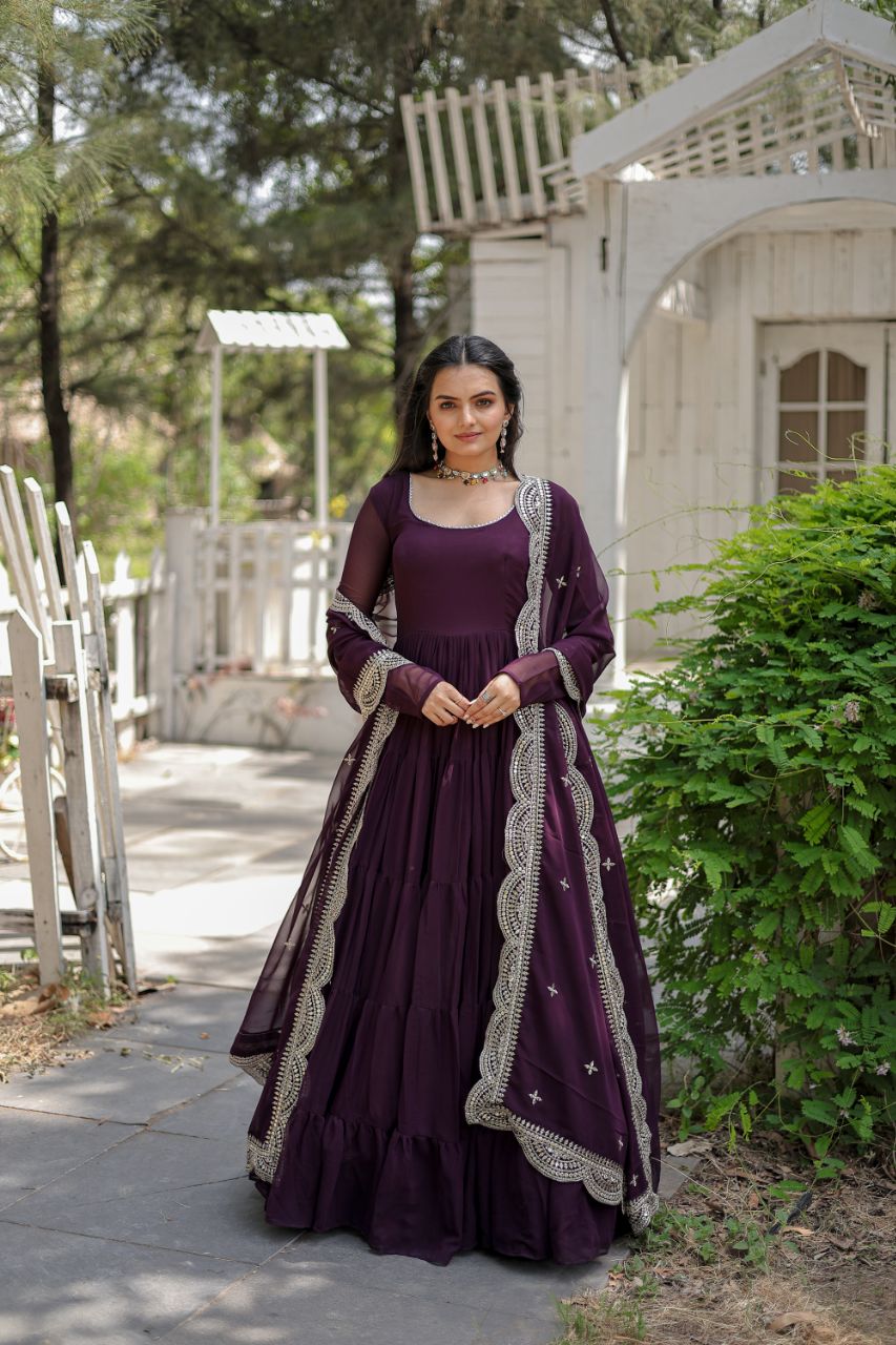 WOMEN'S WINE FAUX BLOOMING WITH RICH SEQUINS EMBROIDERED WORK GOWN & D – VSaree WOMEN'S WINE FAUX BLOOMING WITH RICH SEQUINS EMBROIDERED WORK GOWN & D – VSaree