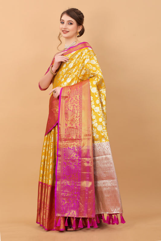 Vsaree Yellow Kanjivaram Silk And Zari weaving Saree With Designer Border And Blouse