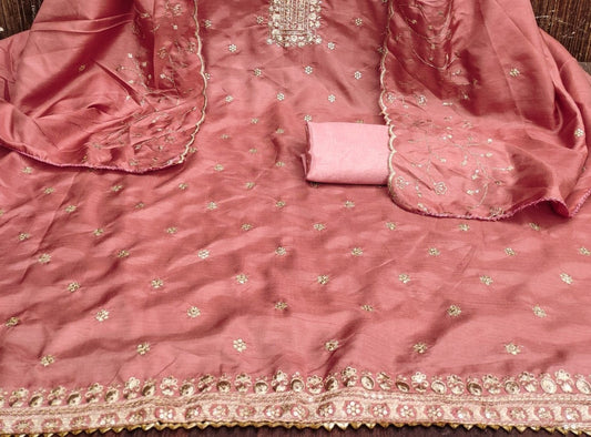Dark Peach Cotton Silk Dress Function And Wedding Wear Emboidery Semi Stitched Matrials For Women