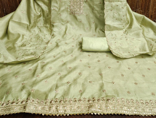 Green Cotton Silk Dress Function And Wedding Wear Emboidery Semi Stitched Matrials For Women
