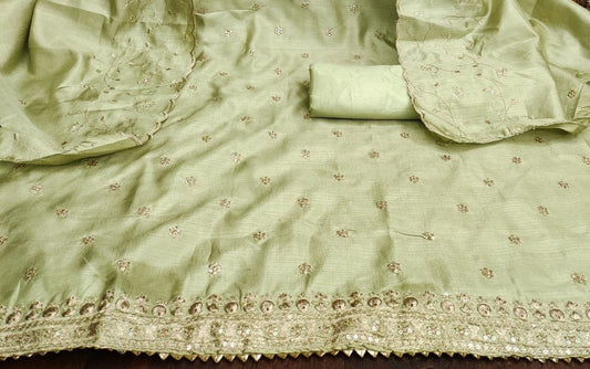 Green Cotton Silk Dress Function And Wedding Wear Emboidery Semi Stitched Matrials For Women
